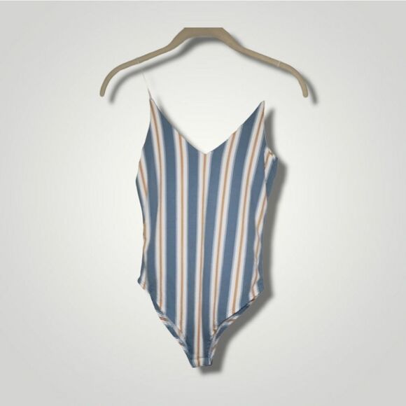 Gaze Women's Spaghetti Strap Snap Blue Vertical Stripe Bodysuit Size XS - Picture 1 of 8